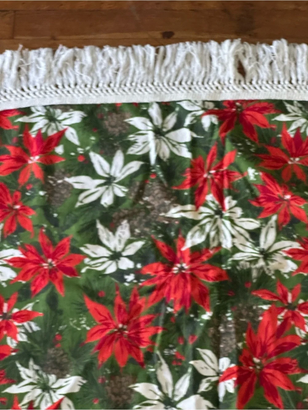 VTG Christmas Tablecloth 1960’s Red Poinsettia Holly Pinecones Fringe Square